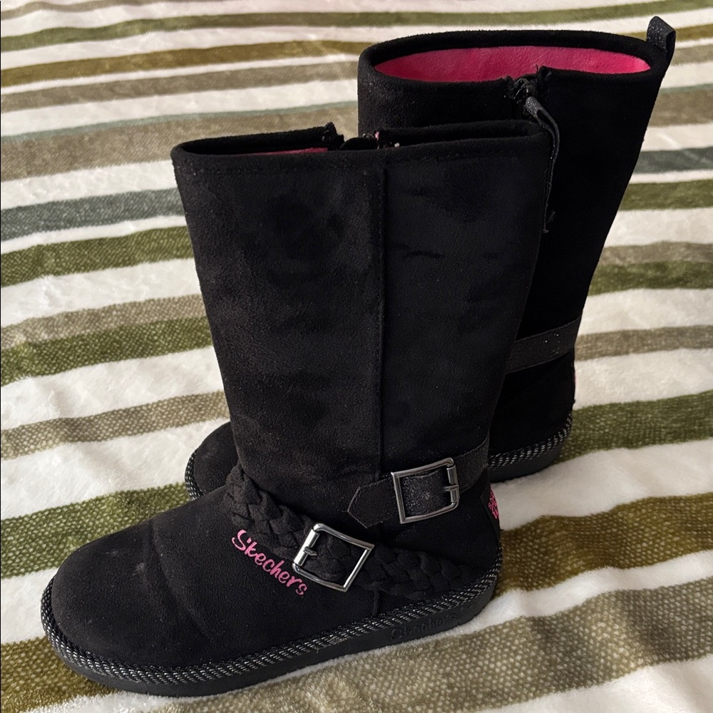 Skechers Black Boots with Pink Embroidery